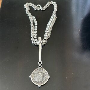 Silver Double-Strand Pendant Necklace with Intricate Design